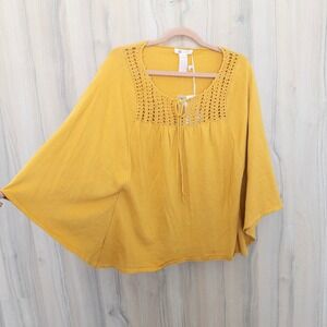 Tulle‎ Womens Poncho Sweater XL Yellow Crochet Lace Cotton Boho Cottage Peasant